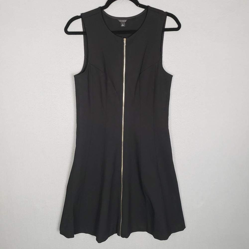 Ann Taylor Size 4 Sleeveless Fit & Flare Dress Black Front Zip Minimalist LBD